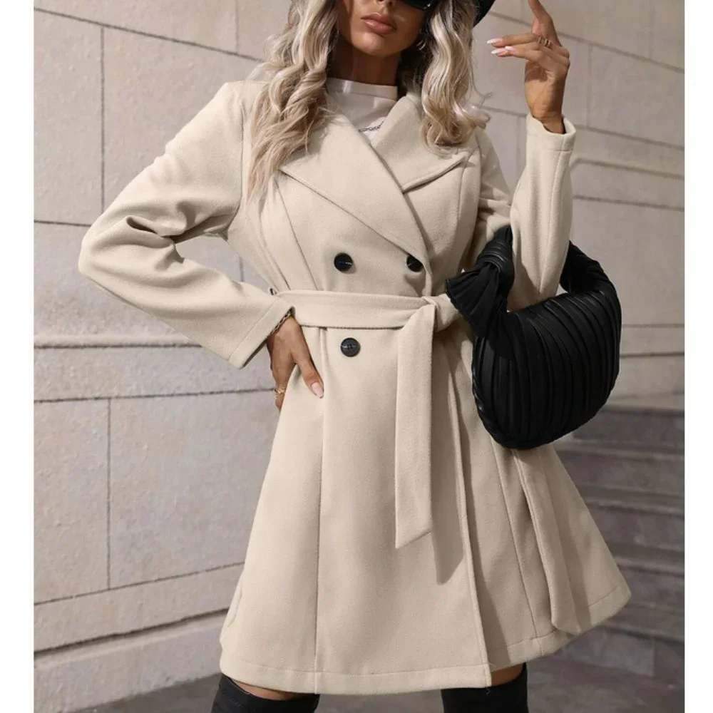 Womens Lapel Neck Double Breasted Belted Coat Beige - Picture 5 of 7